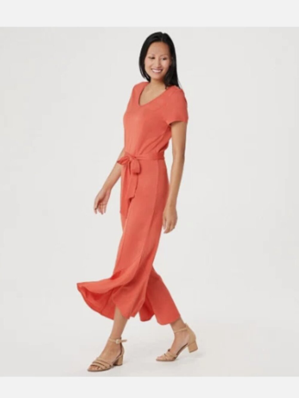 Isaac Mizrahi Live Tie-Waist Knit Jumpsuit w/Ruffle-Persimmon-Petite XXS-A354830